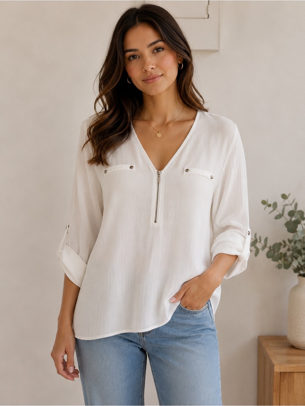 New Look White Zip Front Blouse – Women’s Medium